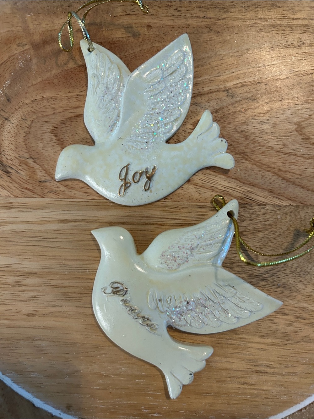 Ceramic Dove Ornament Duo in Ivory with Gold Accents - Joy & Peace Christmas